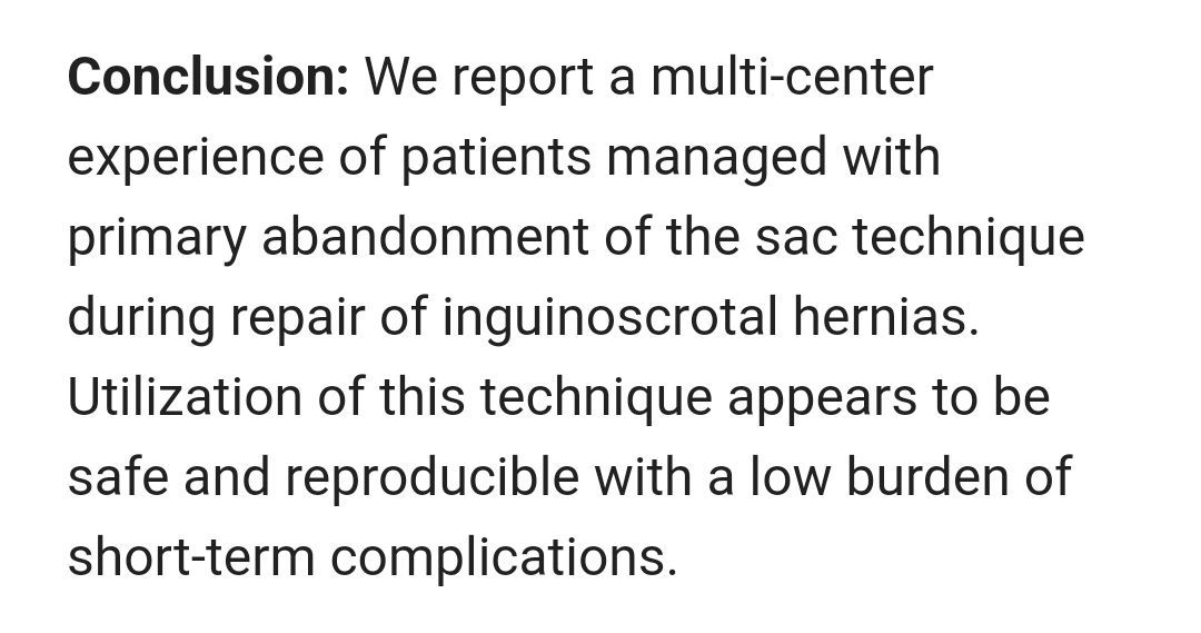 bit.ly/3IXSqBM Primary abandonment of the sac in the management of #ScrotalHernia: a dual-institution experience of short-term outcomes. #InguinalHernia #GroinHernia #HerniaSurgery