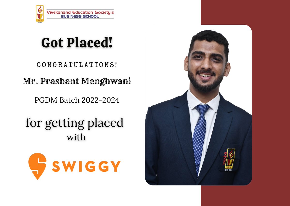 Congratulations Mr. Prashant Menghwani of Batch 2022-2024 who got placed at Swiggy. Many Congrats on this next step in your career and all of the growth, connections and opportunities that come with it. #Placementdrive #placements #management #campusplacement #bschool #VBS #pgdm