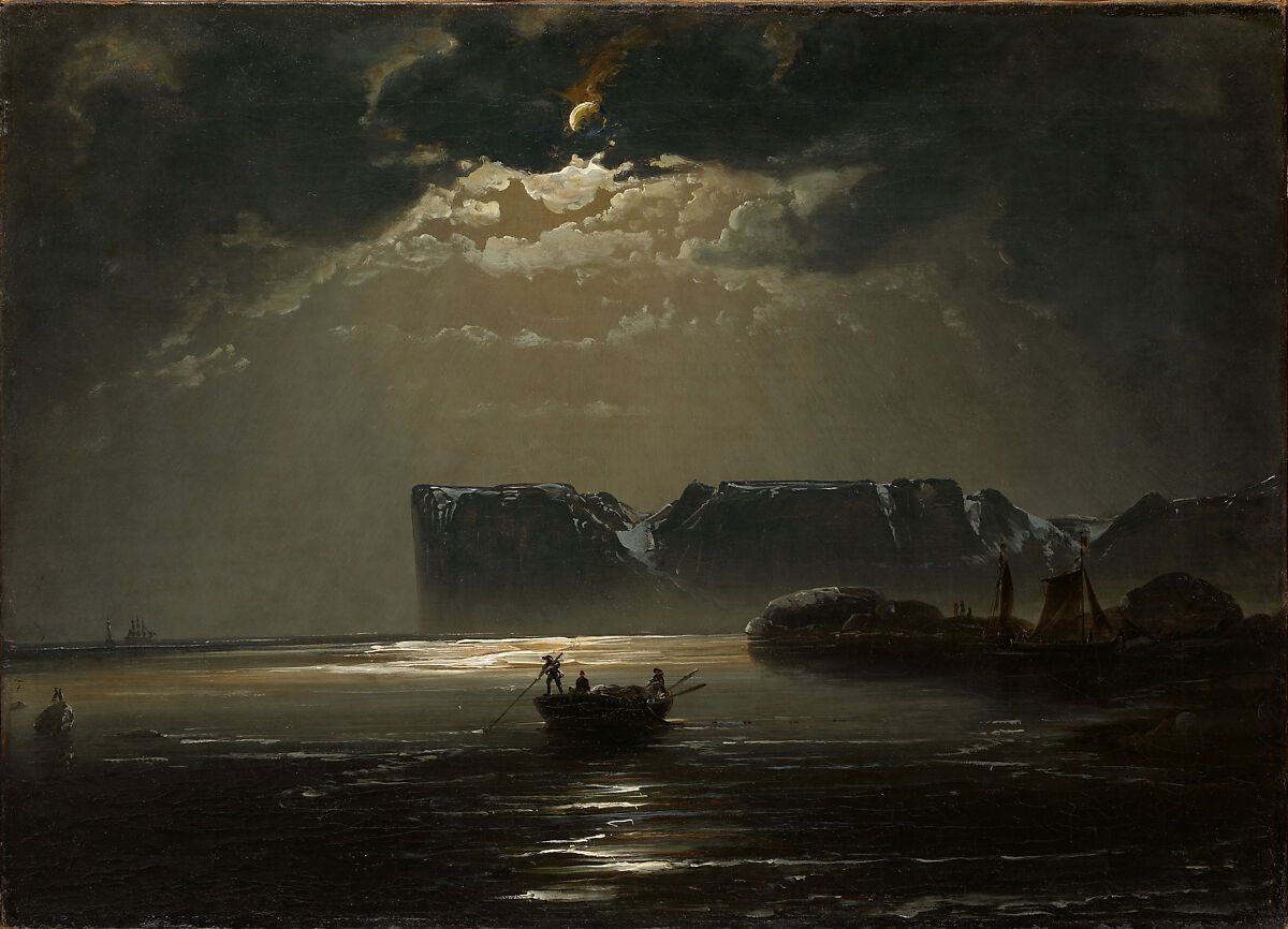 Balke, North Cape by Moonlight (1848) by Peder Balke (Norwegian artist, lived 1804–1887).  In the nineteenth century, the North Cape was thought to be the northernmost point in Europe. #MarineArt #Moon