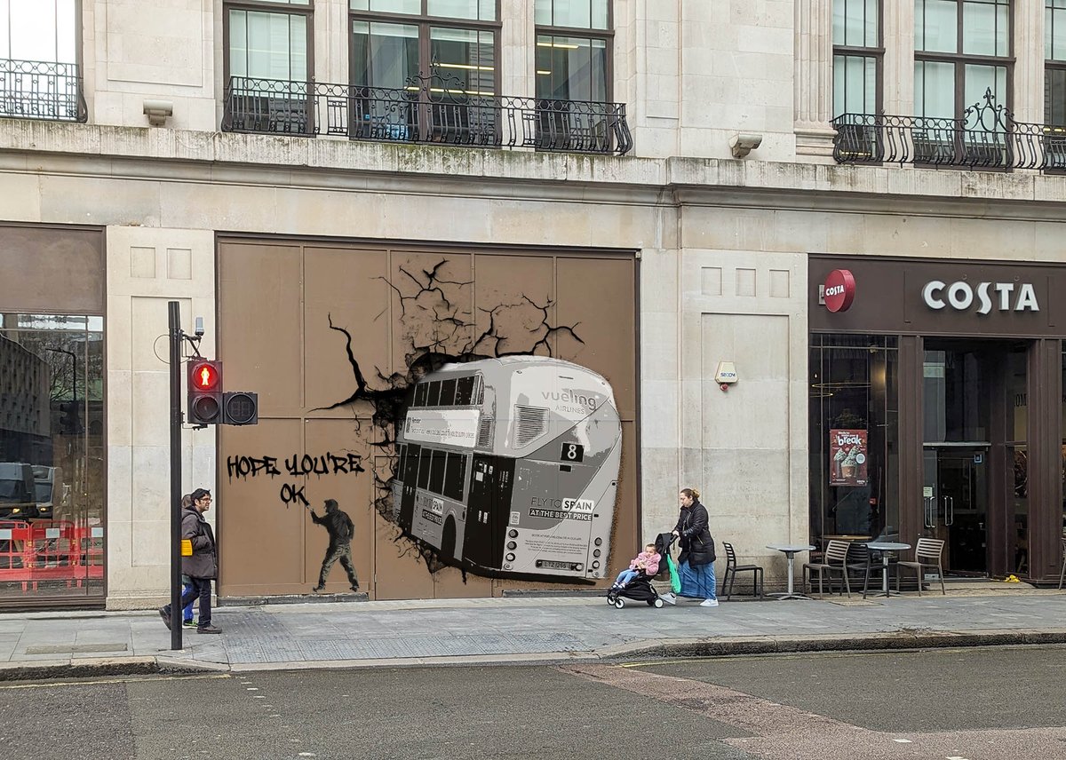 Some street art has appeared on the boarded up shop front that was the scene of the bus crash near Tottenham Court Road Station a few weeks ago. I hope everyone is OK this 1st April 2024.