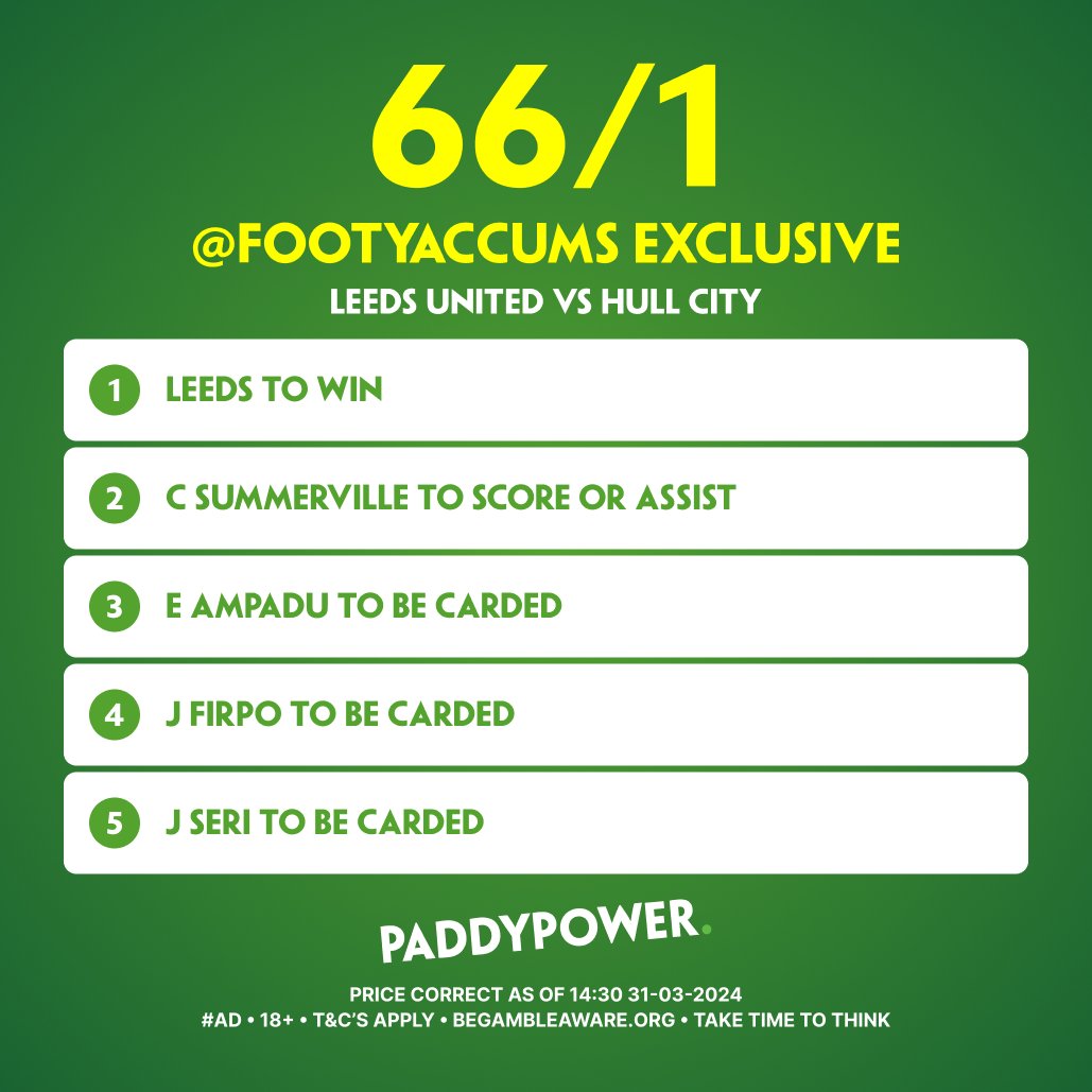 FootyAccums's tweet image. Our Paddy Power special for Leeds v Hull tonight 🍀

✅ Leeds to win
⚽️ Summerville to score OR assist
🟨 Ampadu card
🟨 Firpo card
🟨 Seri card

66/1 link HERE 👉 footyaccums.bet/PPLeedsvsHullS…

#Ad 18+ BeGambleAware