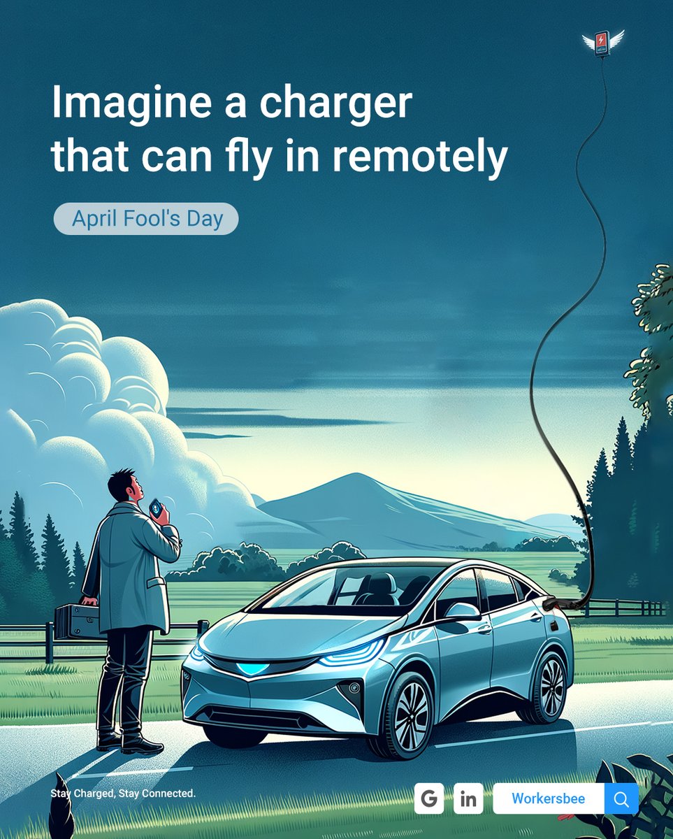 workersbee's tweet photo. 🎉 **Exciting Announcement!** 🎉

🚀 Ever dreamed of a charger that flies to you? Your wish is our command! Introducing our latest innovation: the world's first remote-controlled EV charger! 🚗💨

Happy April Fools' Day from WORKERSBEE! 🎈 #AprilFoolsDay  #EVChargingRevolution https://t.co/8GxOmf27tc