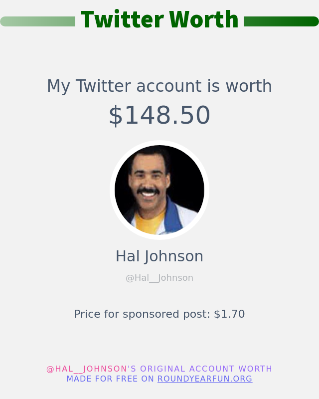 Hal__Johnson's tweet photo. My Twitter worth is: $148.50

➡️ https://t.co/hECznpkkH6 https://t.co/6mZlEZKOJS