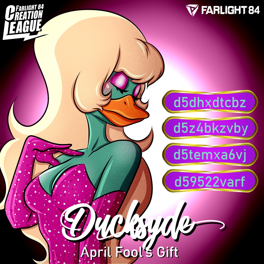 Happy April Fool's! Ducksyde has some surprises for you today! 🦆 Only one of the 4 giftcodes holds a sweet reward, can you guess which? 🤐 Try them out and see what's in the store! 😆🎁 Credit to FCL artist: Ratheuss #Farlight84 #AprilFoolsDay