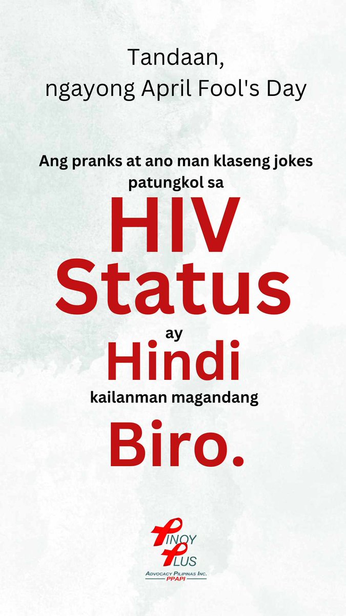 Tandaan, hindi lahat ng biro ay nakakatuwa. Ang iba may karampatang parusa ayon sa RA 11166 o ang 𝖯𝗁𝗂𝗅𝗂𝗉𝗉𝗂𝗇𝖾 𝖧𝖨𝖵 𝖺𝗇𝖽 𝖠𝖨𝖣𝖲 𝖯𝗈𝗅𝗂𝖼𝗒 𝖠𝖼𝗍 𝗈𝖿 2018. #AprilFoolsDay #HIVstatus #PLHIV