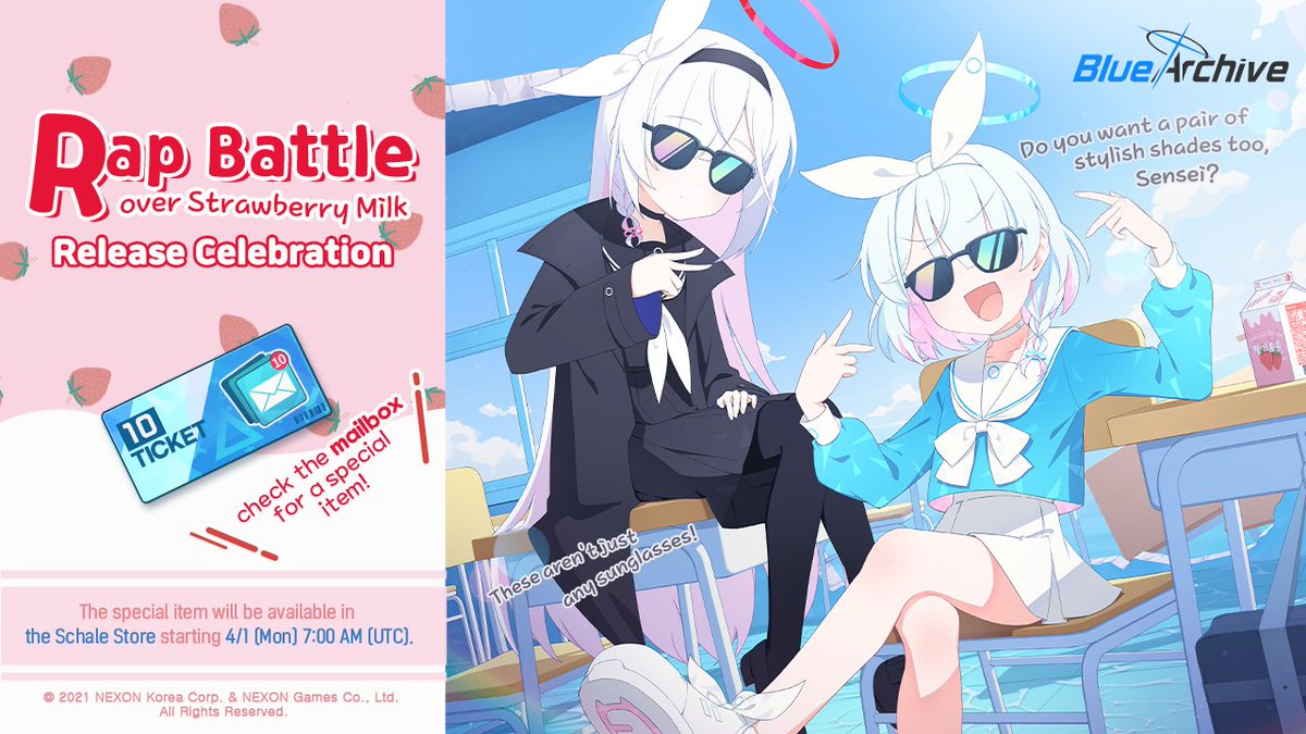 Do you want a pair of stylish shades too, Sensei? 🕶️ Check out Arona & Plana's rap battle over strawberry milk and a 10-Recruitment Ticket in your in-game mailbox! ⬇️Watch on YouTube youtu.be/qWHKE5Ri_sY ⬇️Schale Store Special Item Info forum.nexon.com/bluearchive-en… #BlueArchive