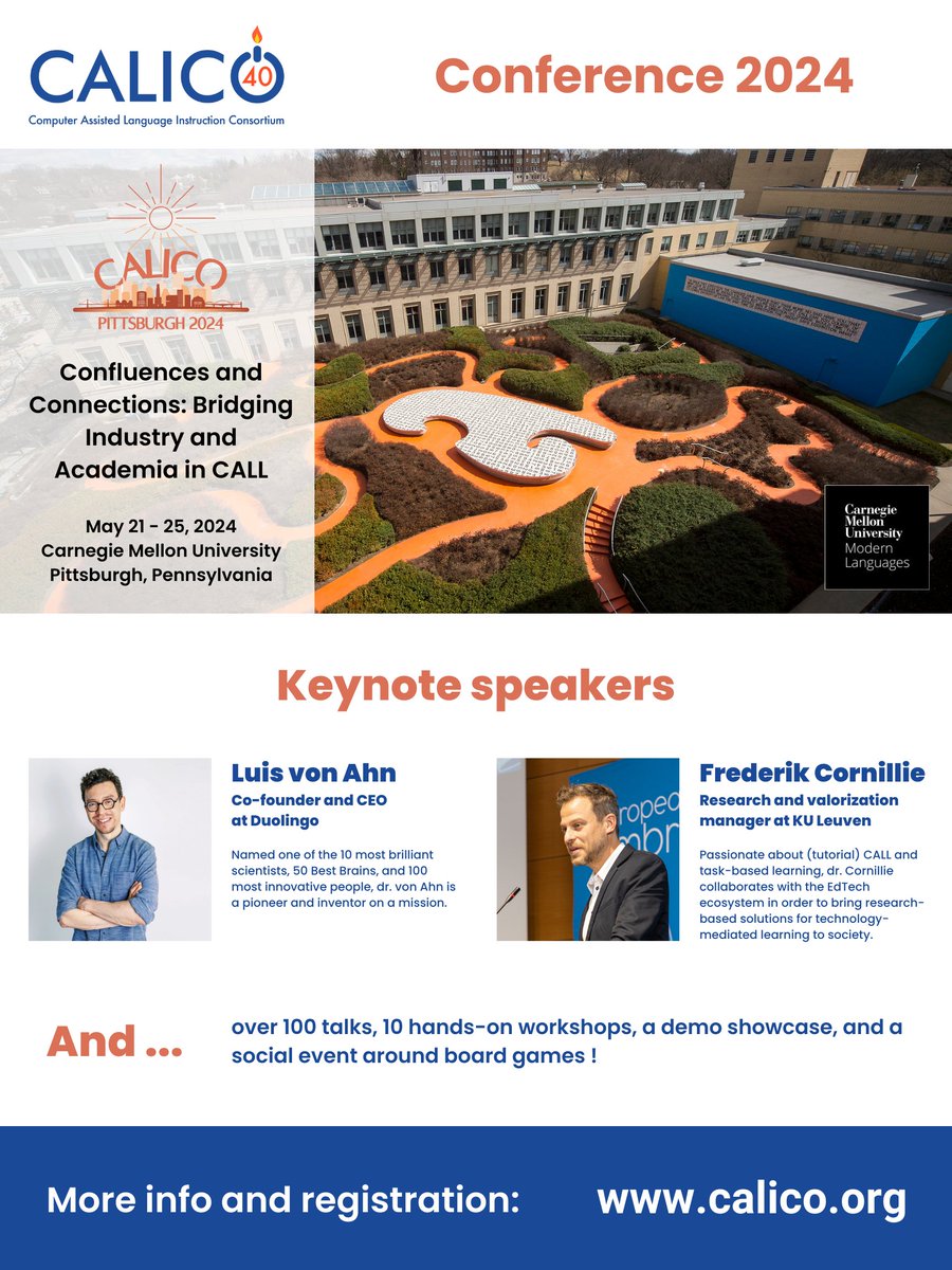 ⭐️Join us at the 2024 CALICO Conference!⭐️
Explore the links between industry and academia. Dive into the fusion of technology and language learning at Carnegie Mellon University, May 21-25.
👉Register now: calico.org/conference-202…
#CALICO2024 #LanguageLearning #EdTech #CALL