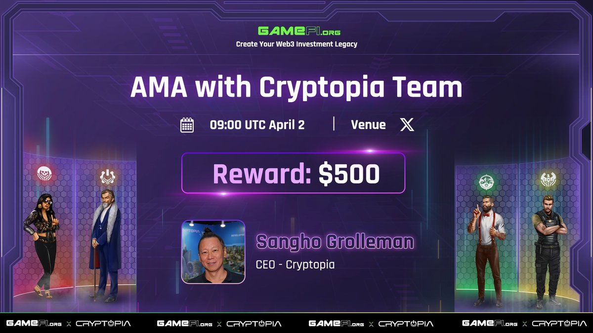 AMA with @CryptopiaOFCL Team: A Pioneering Decentralized Gaming Experience🔥 💰 Reward: $500 ⏰ 09:00 UTC April 2 📍 Set reminder here: twitter.com/i/spaces/1mrxm… Host: Go - GameFi.org 🎮 Guest: Sangho Grolleman - CEO of Cryptopia ✨ Rules: 1. Like, repost, comment…