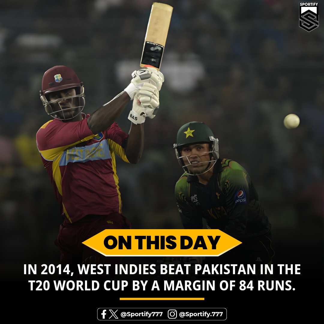 In 2014, the West Indies defeated Pakistan in the T20 World Cup with a commanding margin of 84 runs. 🏏🏆 

Dwayne Bravo scorer 46 off 26 and was awarded the player of the match award. 🥇

#Sportify #SportsNews #CWC2014 #PAKvsWI