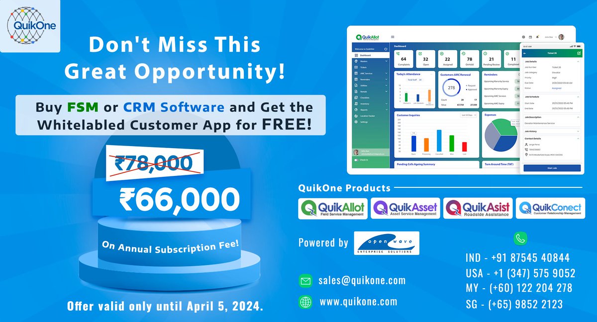 💻quikone.com

📧sales@quikone.com

#SpecialOffer #HurryUp #QuikAllot #FieldServiceManagementSoftware #QuikConect #SalesCRMSoftware #QuikAsist #RoadsideAssistanceSoftware #QuikAsset #QuikOneSoftware #AssetServiceManagement #OpenwaveComputing #GrabTheOffer #QuikOneCRM