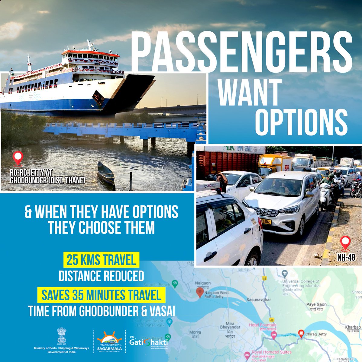 Regular commuters & transporters have been immensely benefitted with the construction of Ro-Ro Jetty at Ghodbunder, Dist. Thane, by MoPSW under it's SAGARMALA scheme. The jetty provides water transport to decongest the vehicular traffic on Mumbai Ahmedabad National Highway.