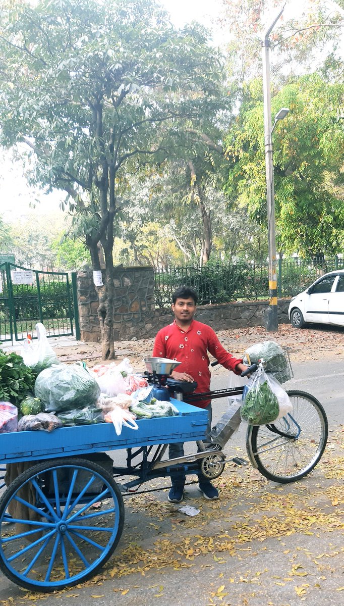 Here is my veggy vendor who has acquired a battery operated rickshaw at Rs 30,000.His full battery runs 45 kms! I spent Rs 220 today on 2-3 days veggies.Most people here with larger families spend~Rs 500/ every other day. He sells to some 20 families daily.Think!