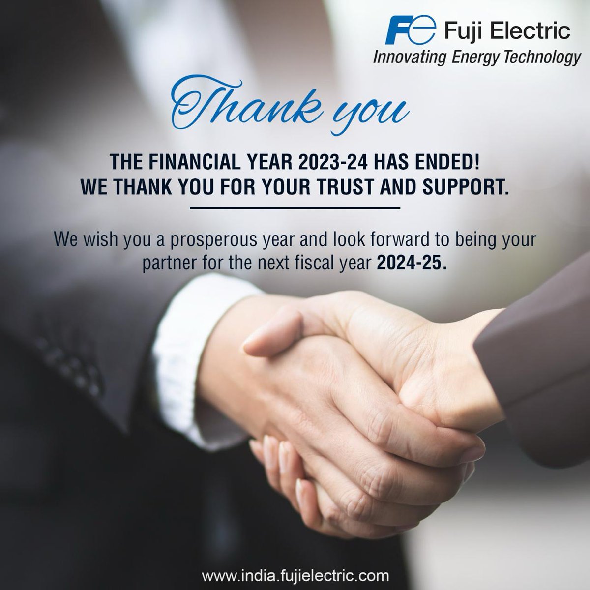 Happy New Financial Year! Thank you for your trust & support during 2023-24. We're excited about strengthening our partnership in 2024-25 for a year of predictability, profitability, & sustainability!
#Fujielectric #Fujielectricindia #Newfinancialyear #Partnership #Successahead