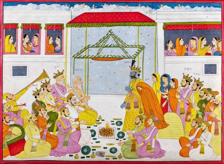 The wedding of Arjuna and Draupadi marks a significant event in the Mahabharata, symbolizing destiny and polyandry, as Draupadi marries all five Pandava brothers. This union solidifies their bond and sets the stage for the epic tale of the Mahabharata. Arjuna weds Draupadi 1800