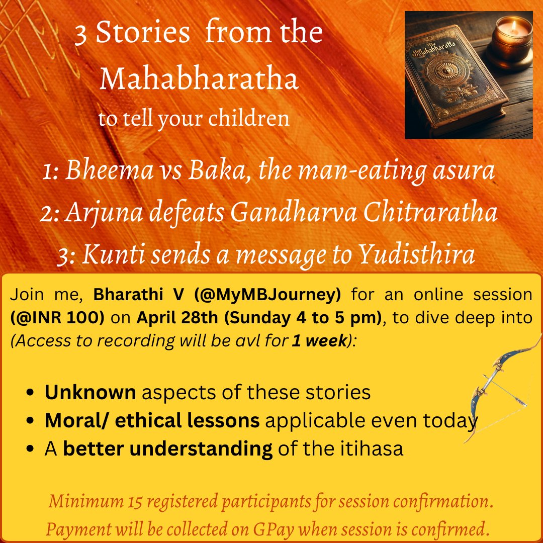 The itihasas have all the morals/ values we need to impart to kids- packed in neat story formats. We hv to just look beyond the bare bones tale. Hope to do just that with this session🙂 Do register to confirm participation: docs.google.com/forms/d/e/1FAI… #Mahabharatha