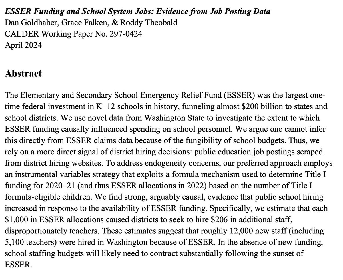 As promised, we just released a new @caldercenter paper on how ESSER funding INFLUENCED school system hiring in WA. In particular, we are estimating the number of school system employees got hired that wouldn't have in the absence of ESSER funds. 1/n