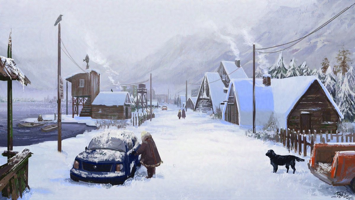 ivychrys's tweet photo. Haven't uploaded anything here in a while :) Here is the town of Rakvarik, from my original story. Used Photoshop to draw+paint and also for the sketches.  #conceptart #drawing #illustration #artistsontwitter #snow #painting #sketches #glaze #photoshop https://t.co/nhiM23CwoX