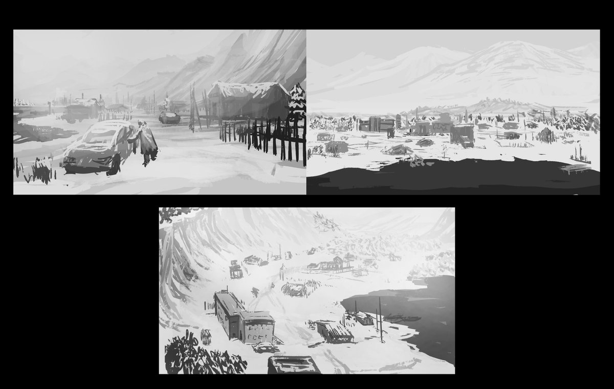 ivychrys's tweet photo. Haven't uploaded anything here in a while :) Here is the town of Rakvarik, from my original story. Used Photoshop to draw+paint and also for the sketches.  #conceptart #drawing #illustration #artistsontwitter #snow #painting #sketches #glaze #photoshop https://t.co/nhiM23CwoX