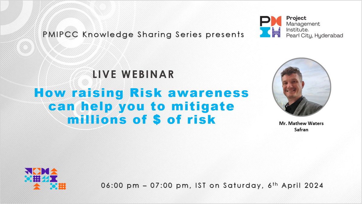 PMIPCC's tweet photo. #PMIPCC as part of their Knowledge Sharing Series is offering a Live Webinar by Mathew Waters on "How raising Risk awareness can help you to mitigate millions of $ of risk". Block your calendar from 6:00 PM to 7:00 PM IST on Sat, 6th Apr'24.
Register - https://t.co/SNNEFJArZA https://t.co/p5UsVA8hFB