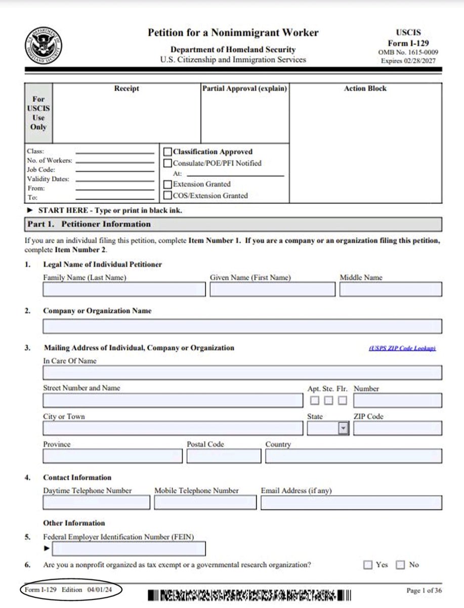 04/01/2024 Edition Form I-129: USCIS will only accept H-1B petitions including CAP FY2025 with new version of the form uscis.gov/i-129 #workvisausa #immigration #H1B #HCAP #dontgiveup #changeofstatus #globalmobility #USImmigration #LetUsHandleIt g.page/letushandle