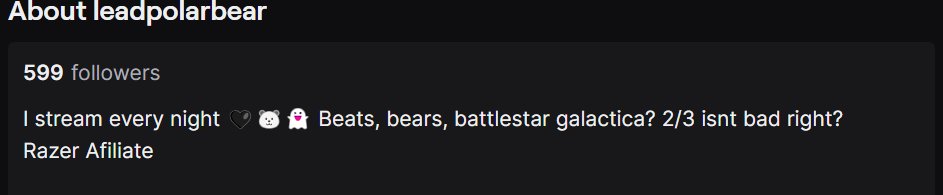 leadpolarbear's tweet image. wait im at 599 whos getting me over 600? ʕOᴥOʔ (づ￣ ³￣)づ[̲̅$̲̅(̲̅ ͡° ͜ʖ ͡°̲̅)̲̅$̲̅] plz sub if you can it helps so much :3 #VLab  🖤🐻‍❄️👻 

twitch.tv/leadpolarbear 

#Vtubers #twitch #cozygaming