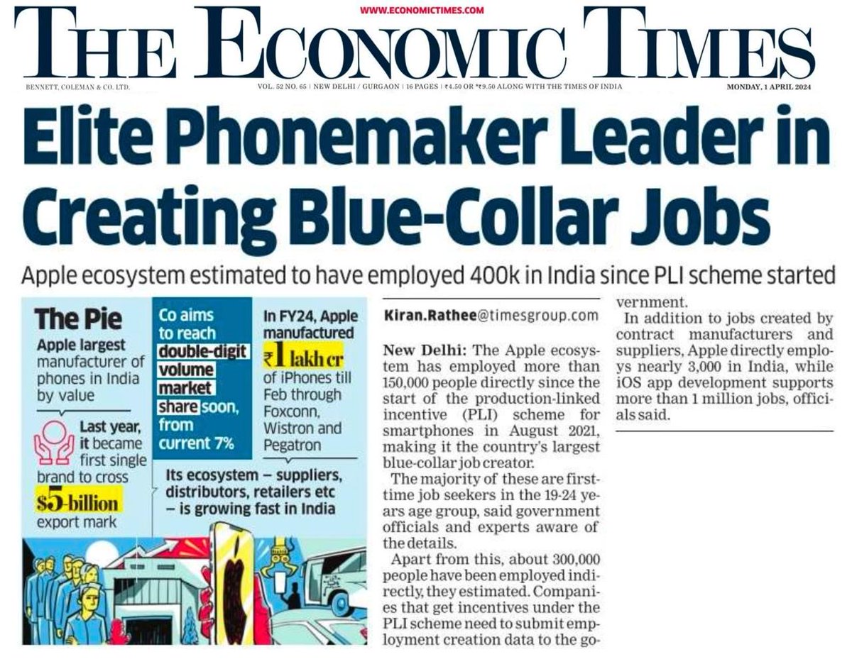 ➡️ PM @narendramodi jis PLI policies hv been transformative. ➡️The Apple ecosystem employed over 150,000 people directly since PLI in 2021, making it the country's largest blue-collar job creator. ➡️About 300,000 people have been employed indirectly. Total over 4 lakh new