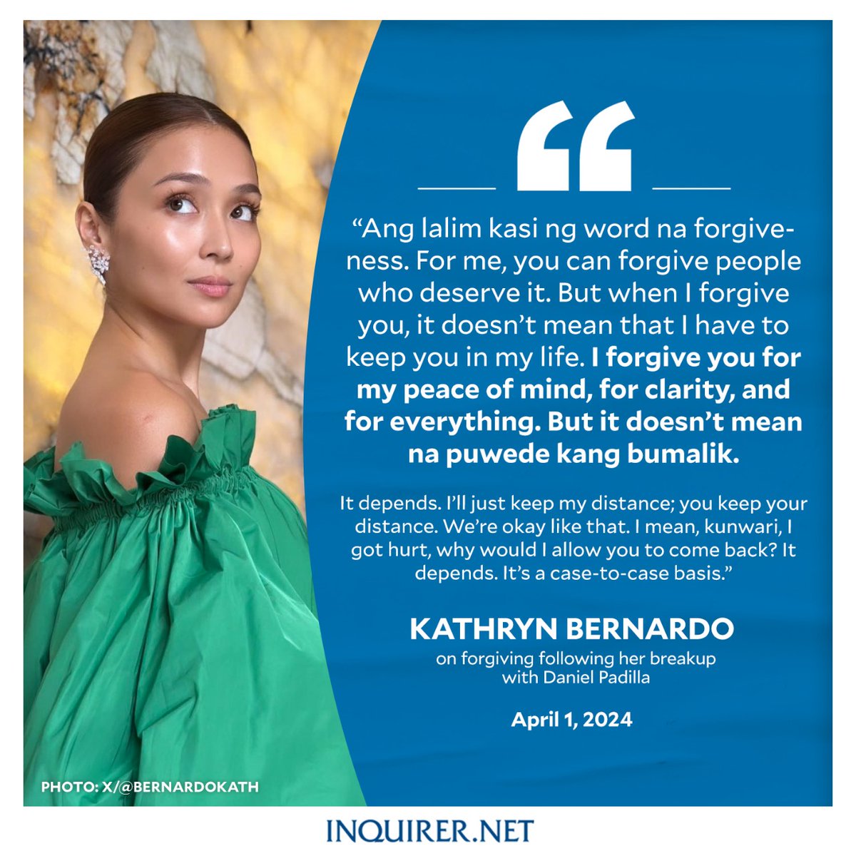inquirerdotnet's tweet image. ‘IT DOESN’T MEAN NA PUWEDE KANG BUMALIK’

Kathryn Bernardo gets honest about her take on forgiving as she opens up on coping with her breakup with Daniel Padilla during her interview with a fashion magazine.

For more entertainment stories, visit entertainment.inquirer.net