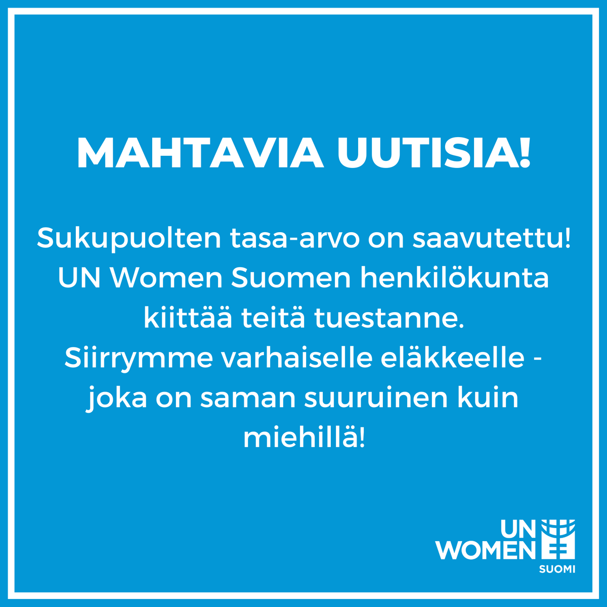 Voi kuinka toivoisimme, että tämä ei olisi aprillipilaa. Mutta vaikka tämä maailma ei vielä tänään ole todellisuutta, uskomme vakaasti, että jonain päivänä se voi olla. Voit auttaa meitä tekemään tästä maailmasta totta! Liity UN Women Suomen jäseneksi: unwomen.fi/liity-jaseneks…