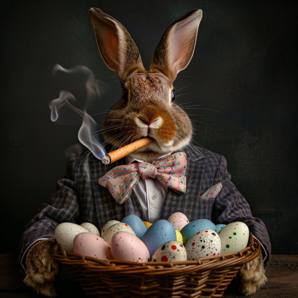 Happy Easter, my lovely fam! 🐣💨 Sure, it's not all about the bunnies, but let's be real—who could resist a dapper bunny puffing on a cigar? Toss in some eggs donning cigar
