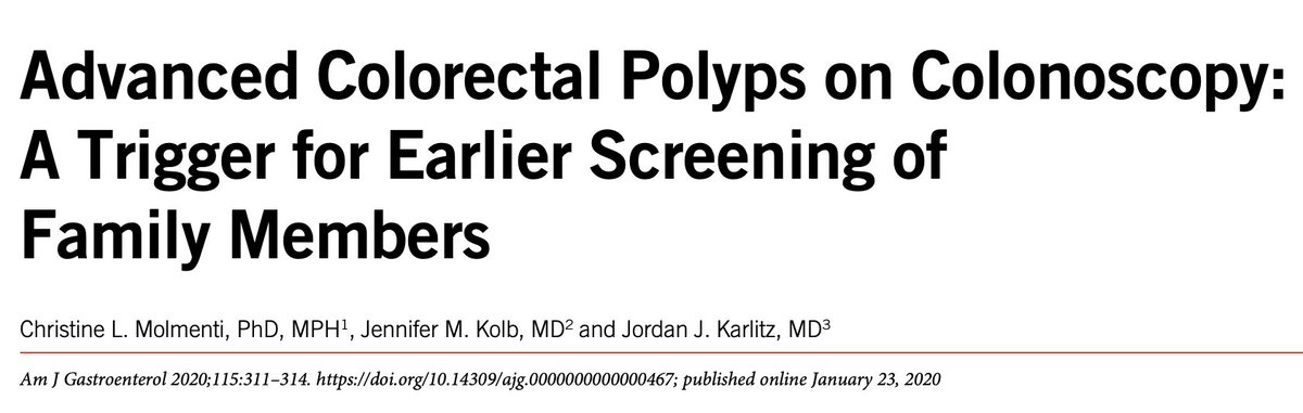 An important takeaway for #ColonCancerAwareness month: If u have a 1st degree relative w/ advanced polyp: ♦️TA > 1 cm ( or w/ villous features or HGD), ♦️SSP > 1 cm, or ♦️Trdl serrated adenoma Then u should get screened at 40 or 10 yrs before the family member was diagnosed!