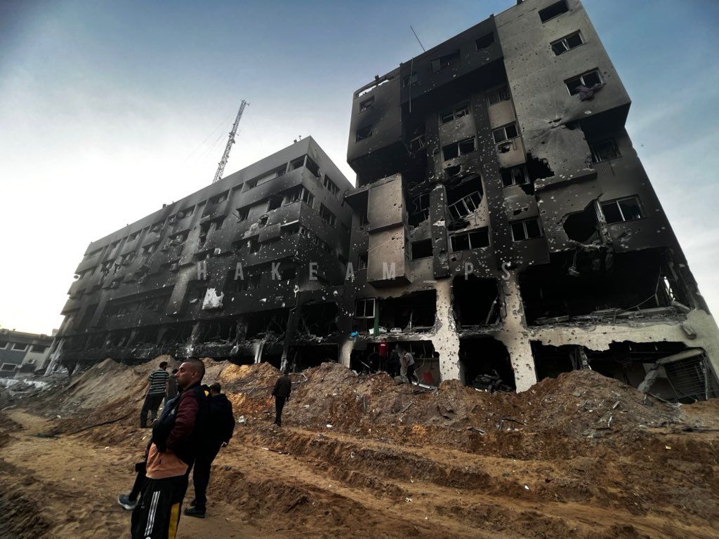 The aftermath of the destruction caused by the Israeli occupation at Al-Shifa Hospital in Northern Gaza