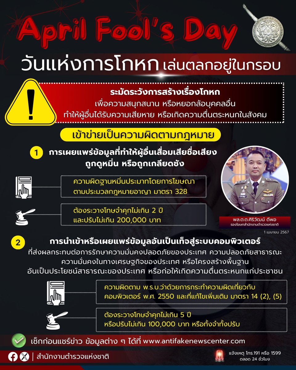 (1/2) You could go to jail for making things up today, April Fool's Day, said Deputy Police Spokesman Pol Maj Gen Siriwat Deephor. Avoid defaming others or cause hatred or face a prison term of up to 2 yrs &/or fine of no more than 200K bt under Article 328 of Criminal Code.