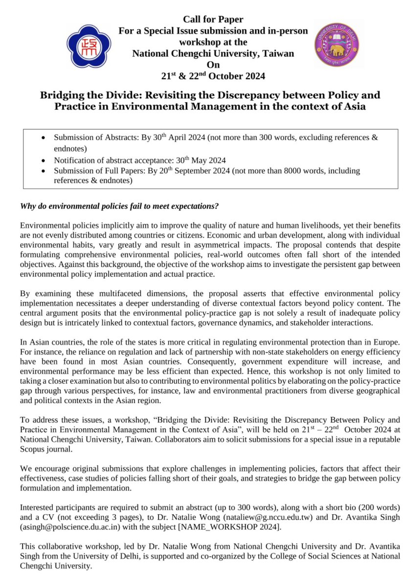 Join us for an upcoming workshop at National Chengchi University in Taiwan. We are calling for papers! Share your ideas and research with peers. Workshop Date: 21 & 22 October 2024 Abstract Submission Deadline: 30 April 2024 #CallForPapers #AcademicChatter