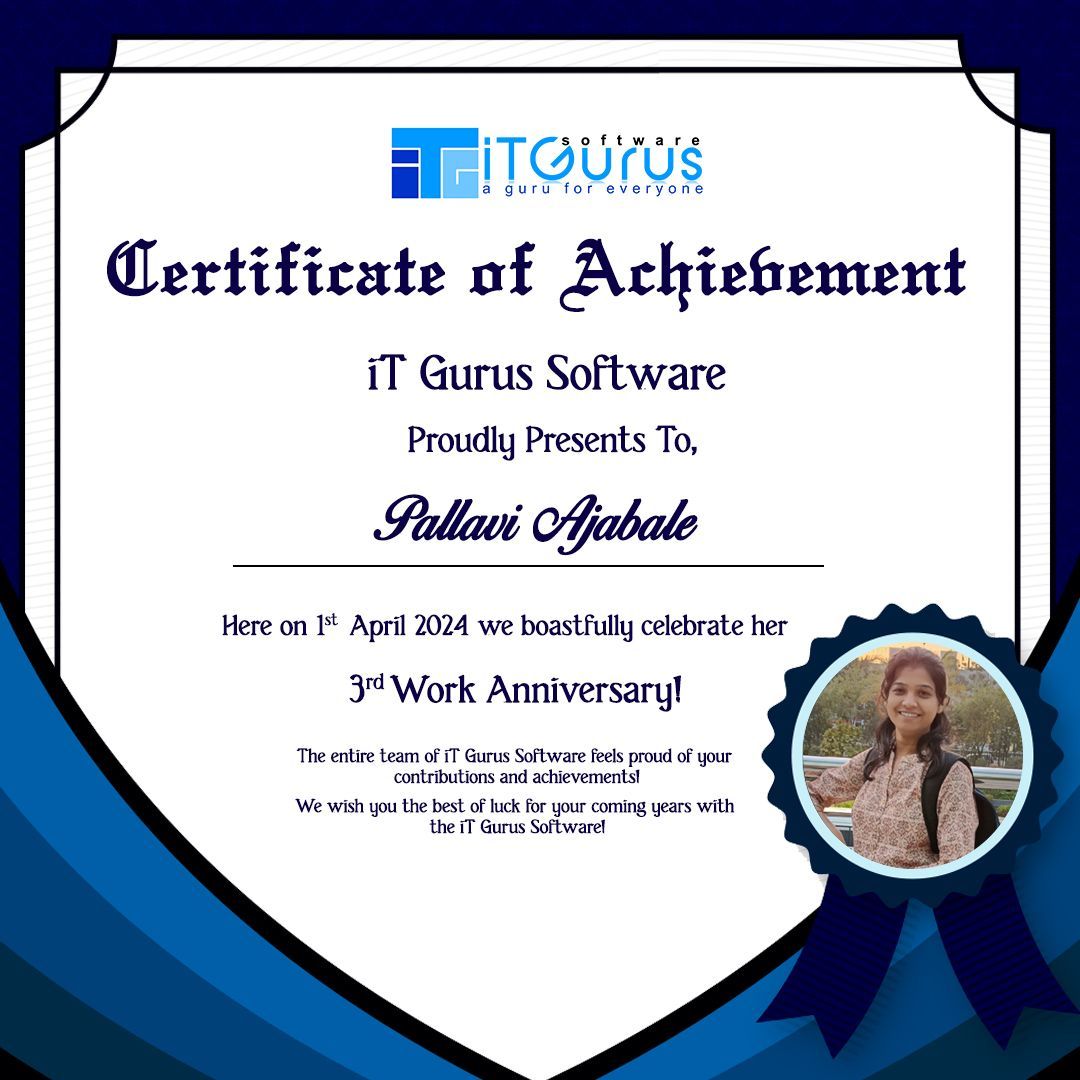 Celebrating your dedication and commitment as you mark another year of excellence in your career. 
Happy Work Anniversary to @ Pallavi Ajabale from Team iT Gurus Software!

#career #TranscendentalITServices #GurusOfIT #iTGurussoftware #employeespotlight #employeeappreciation