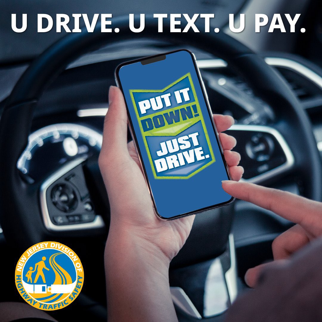 Eyes on the road, not on your phone! Remember, texting while driving isn’t just dangerous, it’s against the law. #UDriveUTextUPay #NJSafeRoads