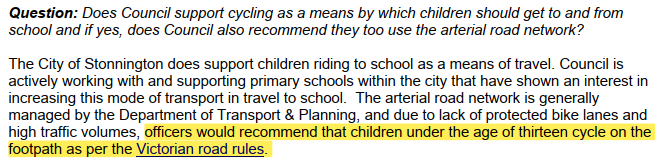 SStonnington's tweet image. Stonnington CC has previously said "No protected bicycle lanes have been introduced as these are better used in arterial roads." Seems it also supports children from 14 to 18 years battling the traffic on the arterial road network to get to school: