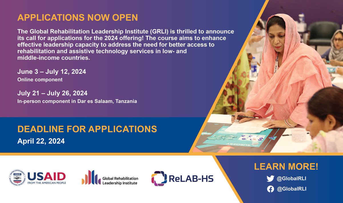 Applications for the Global Rehabilitation Leadership Institute 2024 offering are open! The GRLI offers: ✅ A blended learning approach ✅ Interactive experiences ✅ A multidisciplinary curriculum ✅ Global faculty ✅ Networking Apply before April 22: bit.ly/43qWtA3