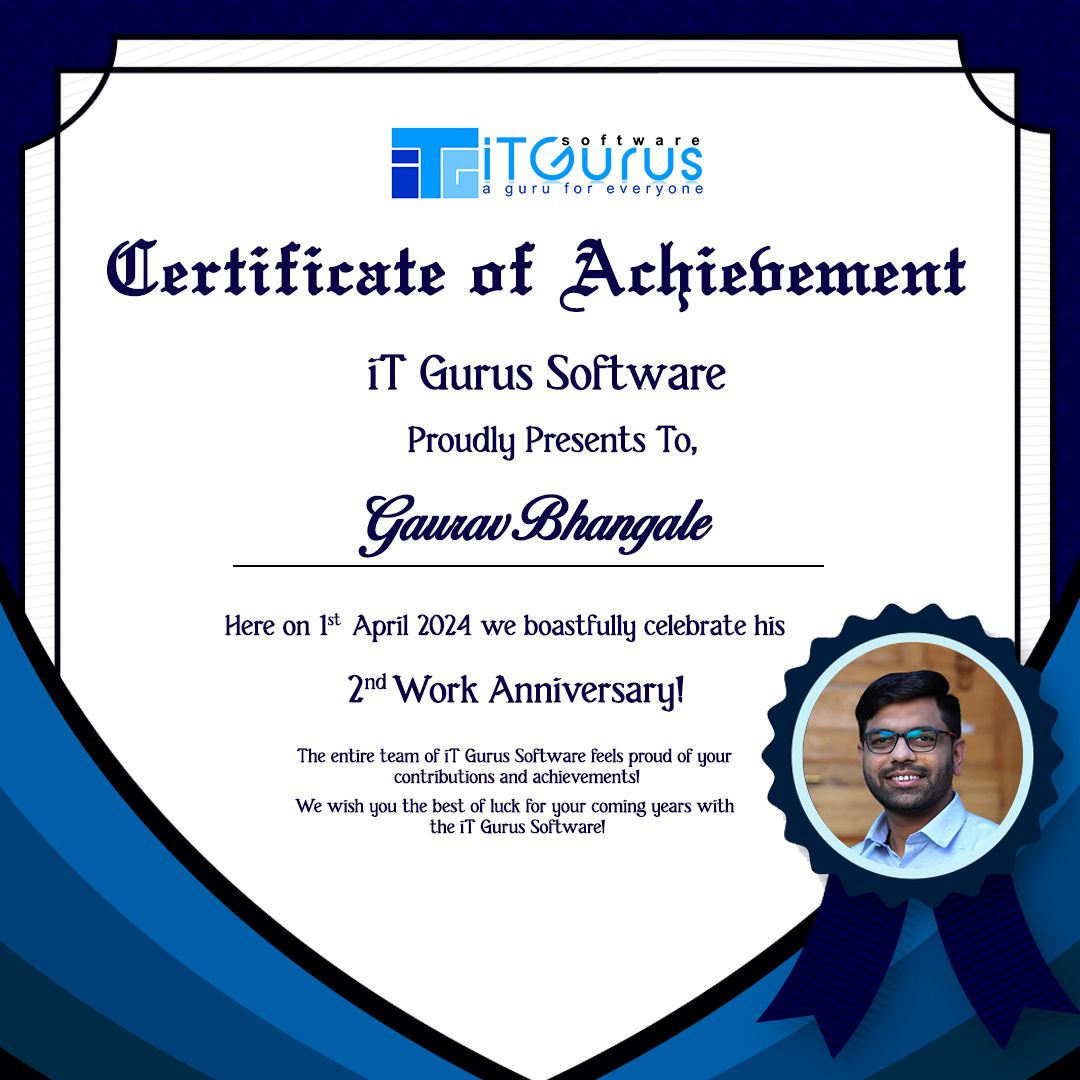 On this special occasion, we commend your remarkable dedication, professionalism, and the positive impact you have made!
Happy Work Anniversary to @ Gaurav Bhangale from Team iT Gurus Software!

#career #TranscendentalITServices #GurusOfIT #iTGurussoftware #employeespotlight
