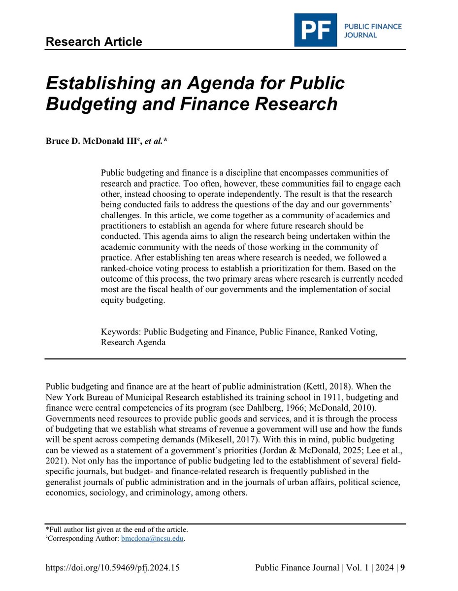 One of the coolest parts about our first issue (at least I think) was the opportunity to work with 231 academics and practitioners to establish an agenda for where budgeting and finance research should go. doi.org/10.59469/pfj.2…