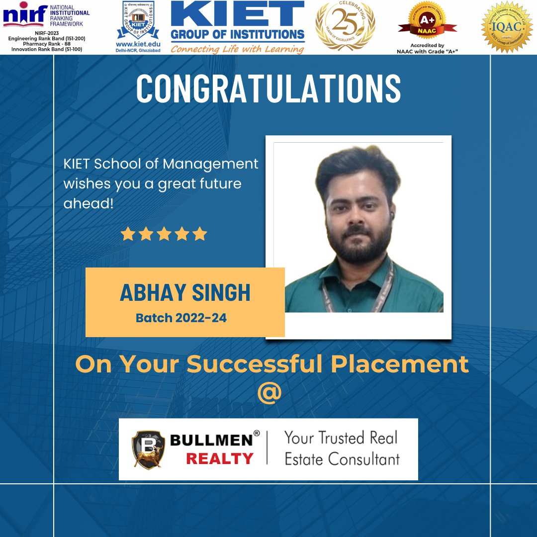 Congratulations to Abhay Singh, a final year #MBA student at #KIET_School_of_Management, for securing a #placement at #Bullmen_Realty!

#KIETGroupofInstitutions #KIETGZB #KIET #AKTU #AICTE #TopManagementCollege #DelhiNCR #KSOM #Admissions #Placement #CampusPlacement #Management