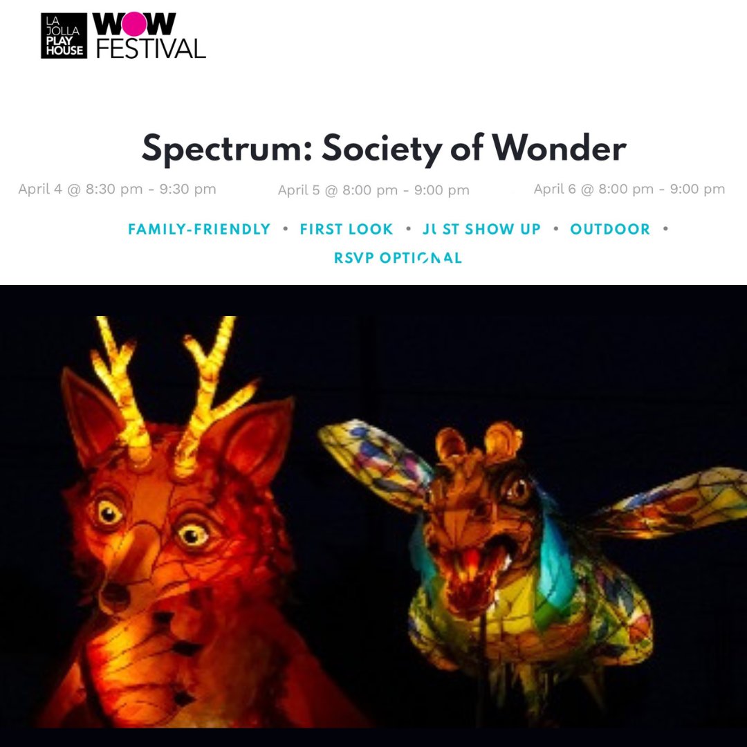 La Jolla Playhouse's WOW Festival returns April 4-7! A San Diego Symphony string quartet will be featured in one of the 25+ immersive art experiences, bringing to life a full-on puppetry spectacle from Animal Cracker Conspiracy Visit lajollaplayhouse.org for the full schedule
