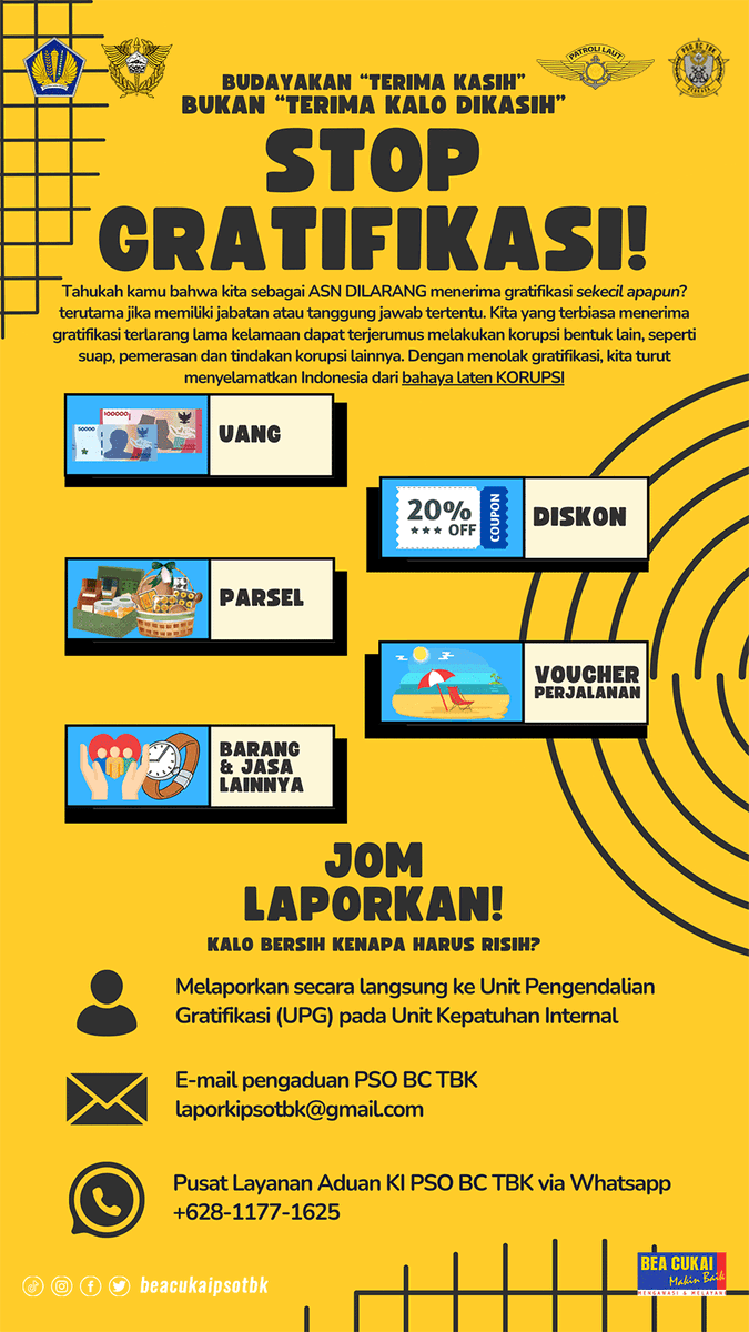 Hallo sobat Marcka!

JOM LAPORKAN!
Kalo bersih kenapa harus risih?
Layanan Informasi &amp; Pengaduan:

1. Melaporkannya secara langsung ke Unit Pengendalian Gratifikasi (UPG) pada Unit Kepatuhan Internal
2. Email pengaduan laporkipsotbk@gmail.com
3. WhatsApp pengaduan 0811771625