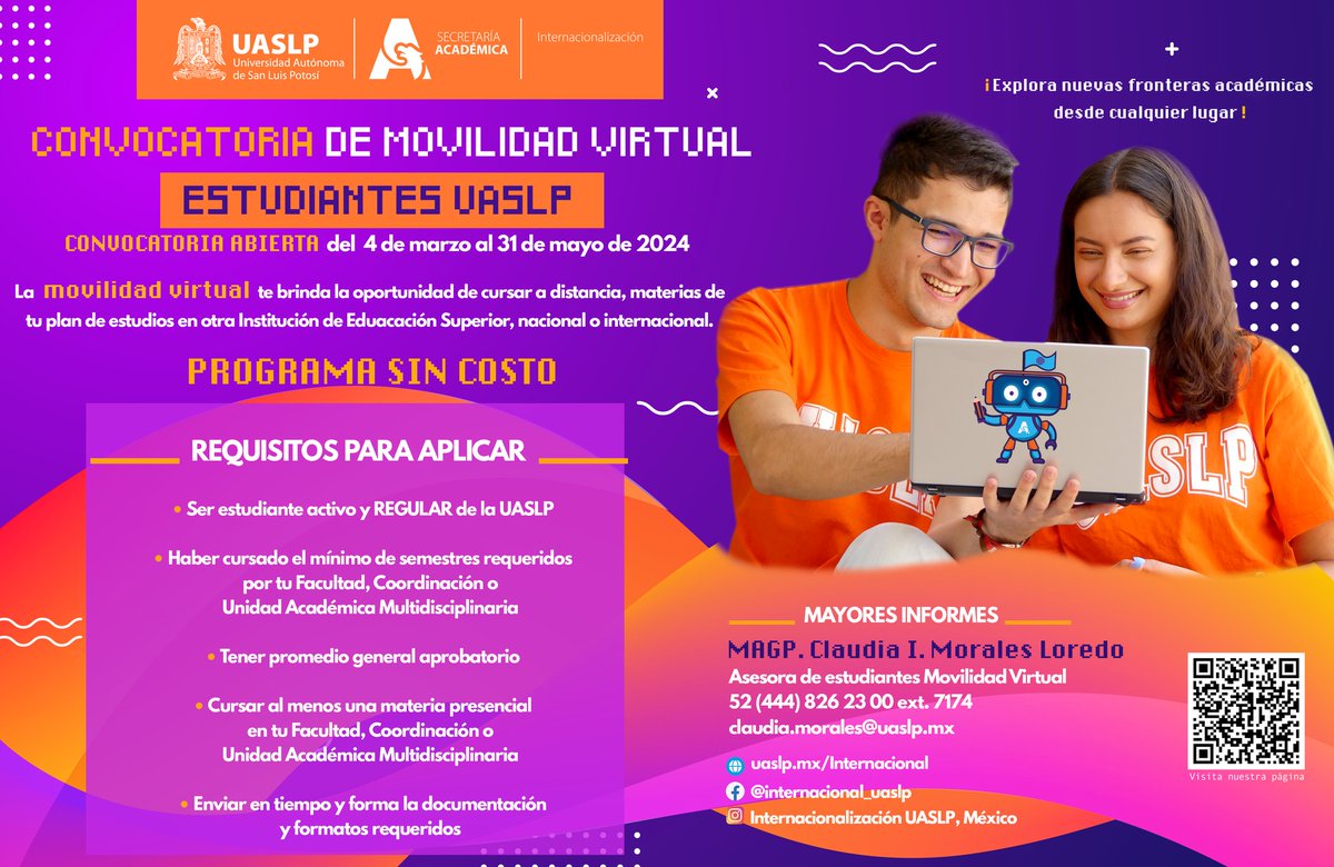 ⚠️ Estudiante #UASLP participa en la convocatoria de MOVILIDAD VIRTUAL 👩‍💻🧑‍💻 🌎
Aprovecha esta oportunidad para cursar una o más materias a distancia en alguna universidad de México o de otro país.
Consulta la página 👇
uaslp.mx/Internacional/…
Inscríbete antes del 31 de mayo.