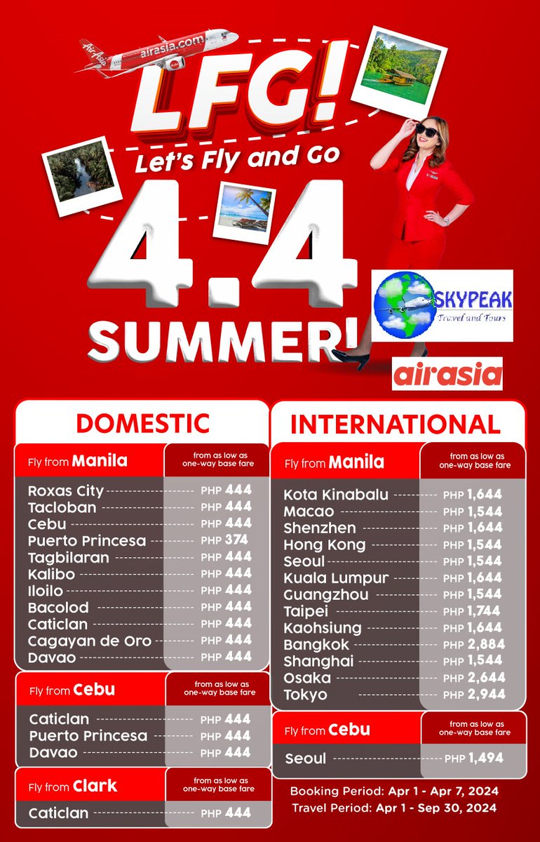Here comes the sun & we're excited to have fun! Dive into breathtaking beaches in Philippines or enjoy a scenic view abroad! Fly as low as PHP 444 one-way base fare to select AirAsia destinations! Book now at fb.com/skypeaktravela… #FlyAirAsia #Skypeak @airasia @AirAsiaFilipino