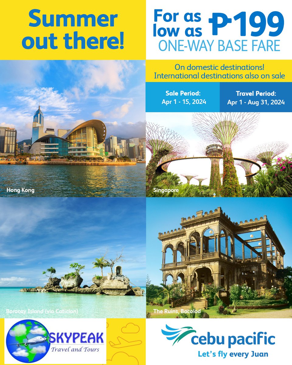 Summer out there, sale right here! Travel for as low as P199 one-way base fare to domestic & international destinations. Book til Apr 15, & travel between Apr 1-Aug 31, 2024. Book now at fb.com/skypeaktravela… 

 #CEBSuperSeatFest #LetsFlyEveryJuan #Skypeak @CebuPacificAir