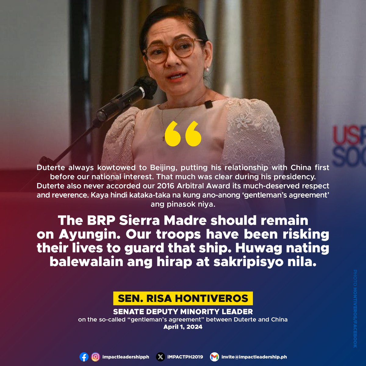 iMPACTPH2019's tweet photo. 'THE BRP SIERRA MADRE SHOULD REMAIN ON AYUNGIN'

Sen. Risa Hontiveros asserts that the BRP Sierra Madre should remain at Ayungin Shoal, in response to former presidential spokesperson Harry Roque's revelation about a "gentleman's agreement" between Duterte and China. https://t.co/ZkmEqrXlE0