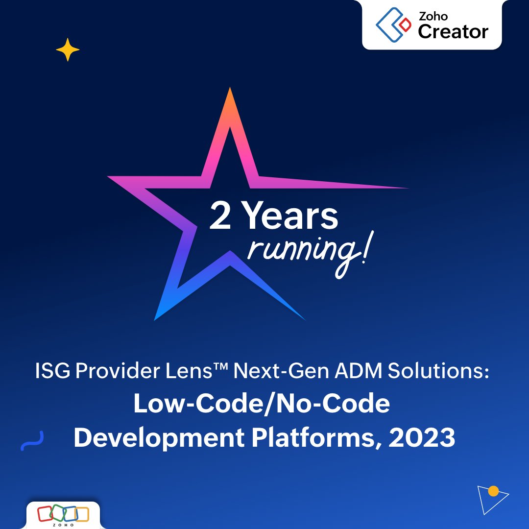 @Zoho is named a Leader in the @ISG_News Provider Lens™ Next-Gen ADM Solutions: Low-Code/No-Code Development Platforms 2023. Follow the link to learn how the platform secured this positioning. 🔗 zurl.co/7Bpq