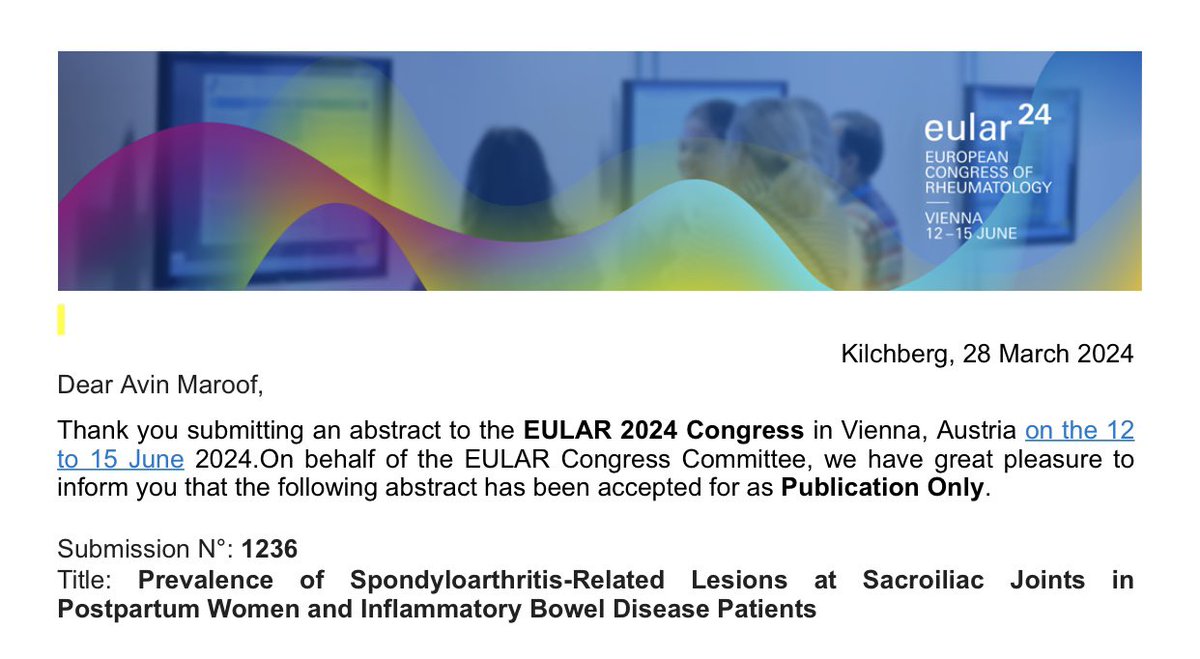 Thrilled to share that our research on #SpA lesions in #SIJ of #PPW & #IBD patients, is coming to #EULAR2024 Stay tuned for the publication in Annals of Rheumatic Diseases! 

#axSpA
#Rheumatology