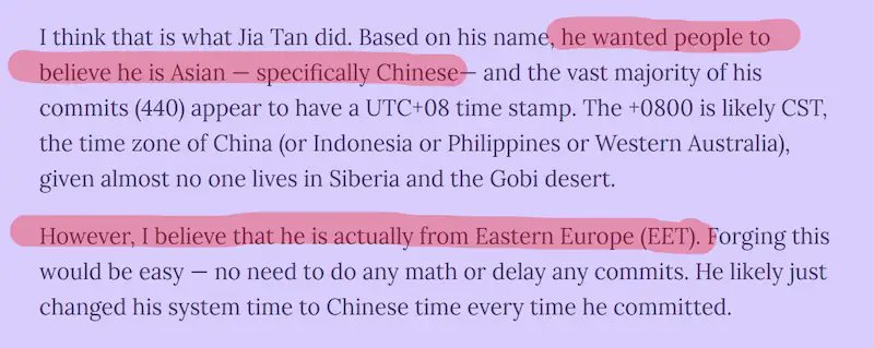 这次在 xz 软件包埋入后门的，是一个网名叫做 Jia Tan 的开发者，没人知道他的真实身份。 但是，他的网名以及大多数 GitHub 提交时间使用了东八时区，使得很多人认为他是中国人。…