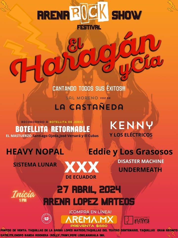 BlancaLechuza's tweet photo. Este 27 de abril llegará a la Arena Lopez Mateos el #ArenaRockShowFestival con un cartel que incluye a #ElHaragánYCía, #KennyYLosElectricos, #BotellitaRetornable, #HeavyNopal y más.
Boletos en https://t.co/lDfB1Y0Efv y taquillas de la Arena.
#ProduccionesHisteria/@ArenaMateos https://t.co/Ho8WjN0gry